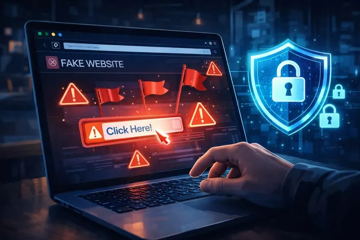 Close-up van een browservenster waarin een misleidende advertentieknop een echte downloadlink verbergt
